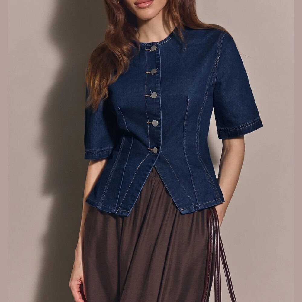 Dark Wash Denim Contrast Stitch Button Front Peplum Top